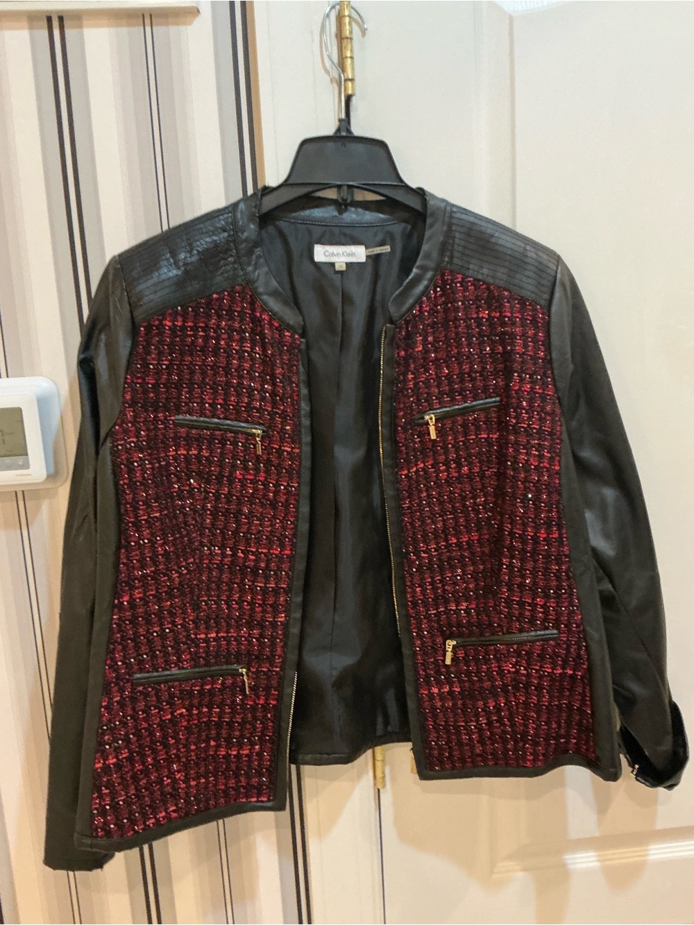 CALVIN KLEIN FAUX BLACK LEATHER JACKET WITH RED METALLIC TWEED DESIGN